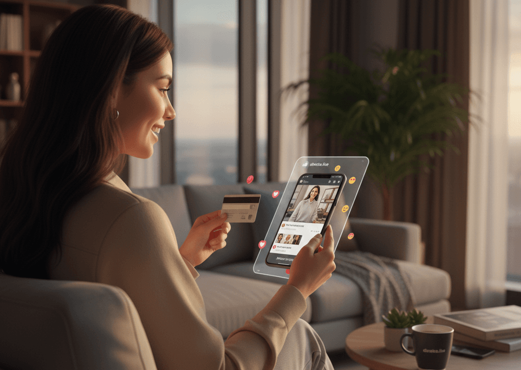 over-the-shoulder visning af en ung kvinde, der ser live shopping på sin tablet i en naturligt oplyst stue; moderne social commerce i praksis.