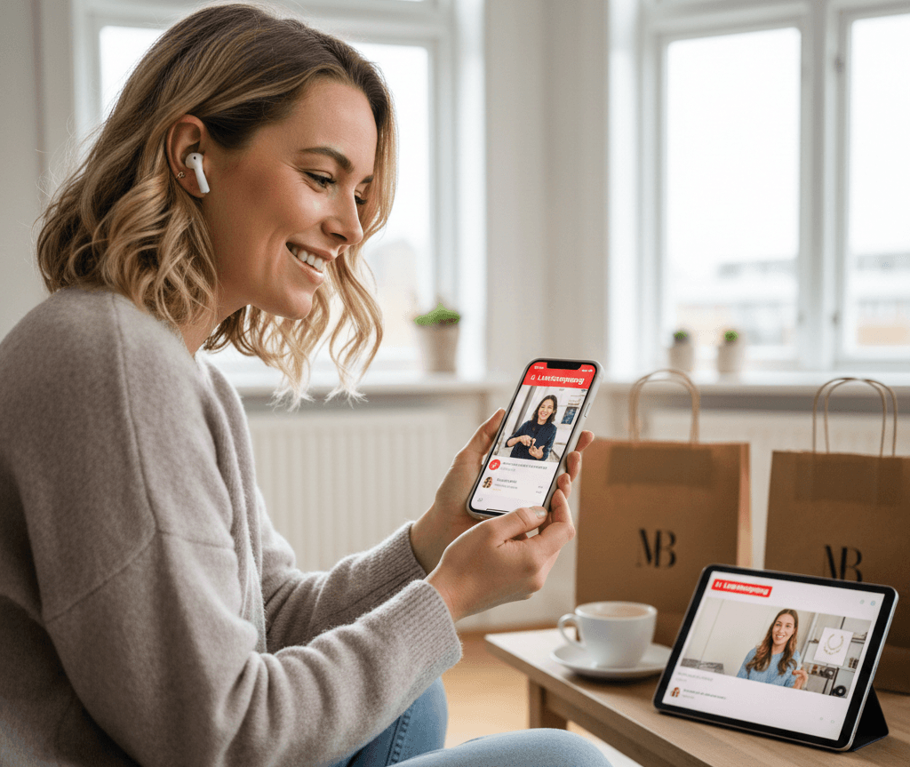 En smilende kvinde i en lys stue ser Live Shopping på sin smartphone og tablet. Autentisk livsstilsbillede der viser menneskelig interaktion med e-commerce og Direkte Live shoppingposer i baggrunden.